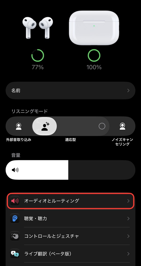 iPhoneの設定アプリのAirPodsの画面。「オーディオとルーティング」を選ぶ